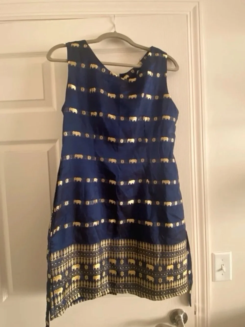 Navy Blue Sleeveless A-Line Dress with Gold Elephant Print